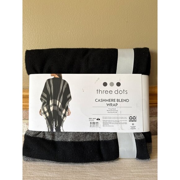 Three Dots Cashmere Blend Wrap Shawl One Size Black White Plaid - Picture 2 of 13